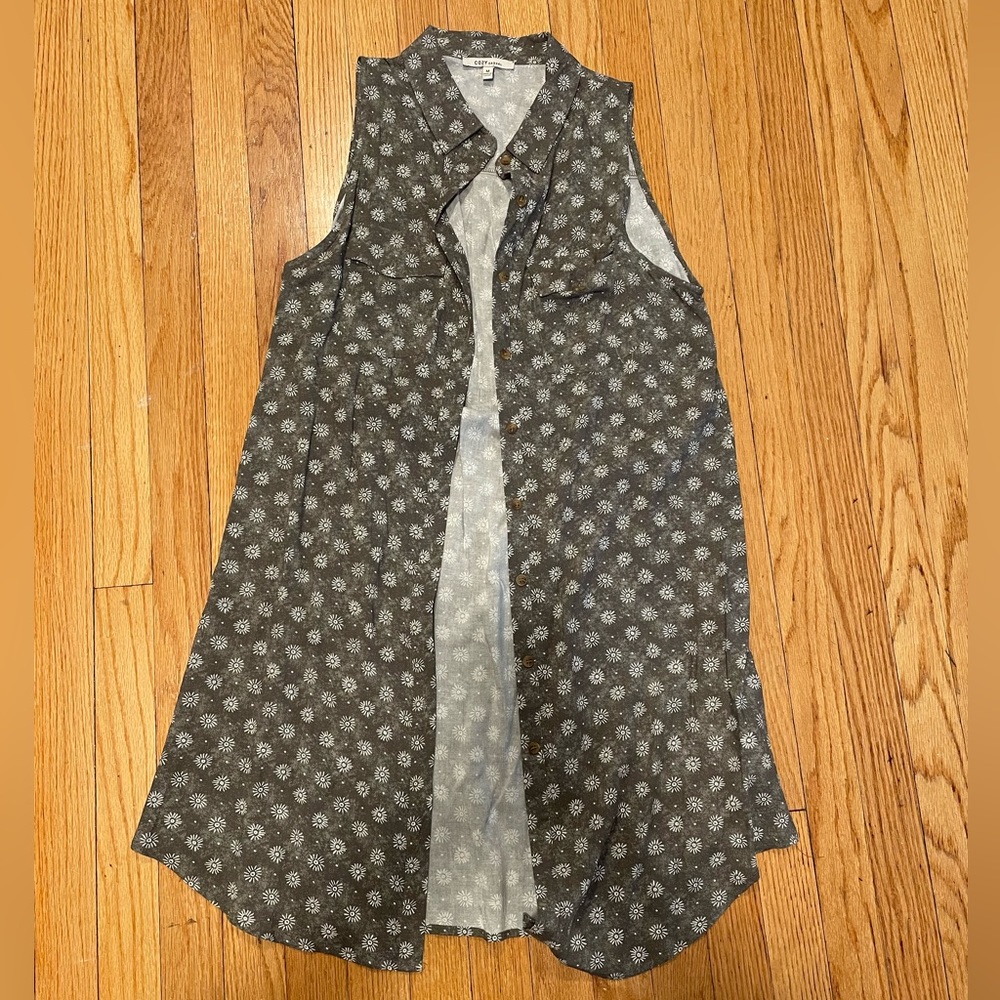 Cozy Casual Long Grey Button-Down Tank Shirt Dress - Size M